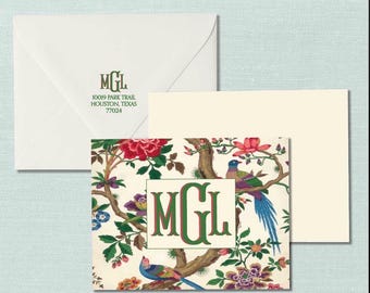 Chinoiserie Bird Floral Shadow Fishtail Monogram Notecards: Historical Wallpaper Stationery