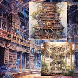 Mystical Bibliotheca: A Fantasy Library Art Collection, 27 PNG Digital Prints, Fantasy Libraries, Fantasy Creatures & Books, Commercial Use