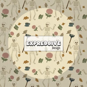 May include: A beige background with a repeating pattern of skeletons, flowers, leaves, and coffee cups. The text "EXPRESSIVE Design" is in a white rectangle. The skeletons are holding rakes.