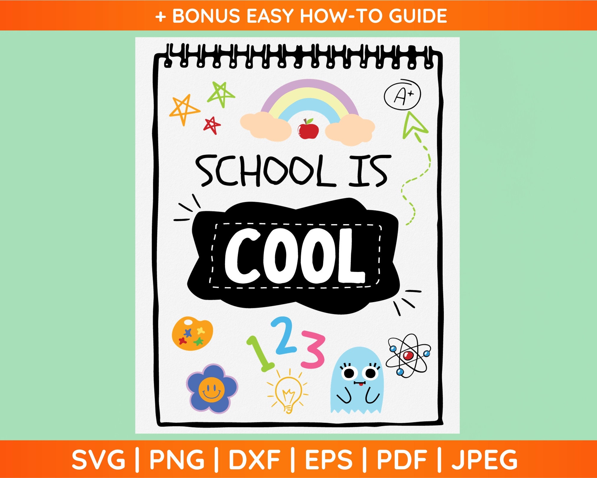 Schule ist cool Doodle-Zeichnungen SVG, Retro-Smiley-Gesicht-Svg, Apple