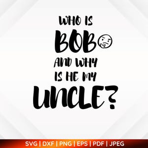 May include: Black and white graphic design with the text "WHO IS BOB" and "AND WHY IS HE MY UNCLE?" The word "BOB" is in a large, bold font, with a thinking emoji. The bottom of the image has file type options.