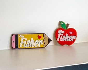 Plaque nominative personnalisée pour enseignant, pomme ou crayon, imprimée en 3D