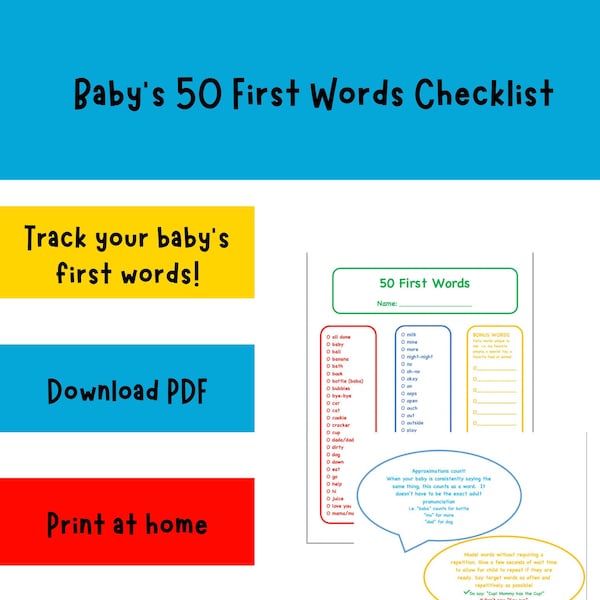 50 First Words Printable Checklist, Baby's First Words, First Words Checklist, Help Baby Talk,  Early Words List, Baby Sign Language