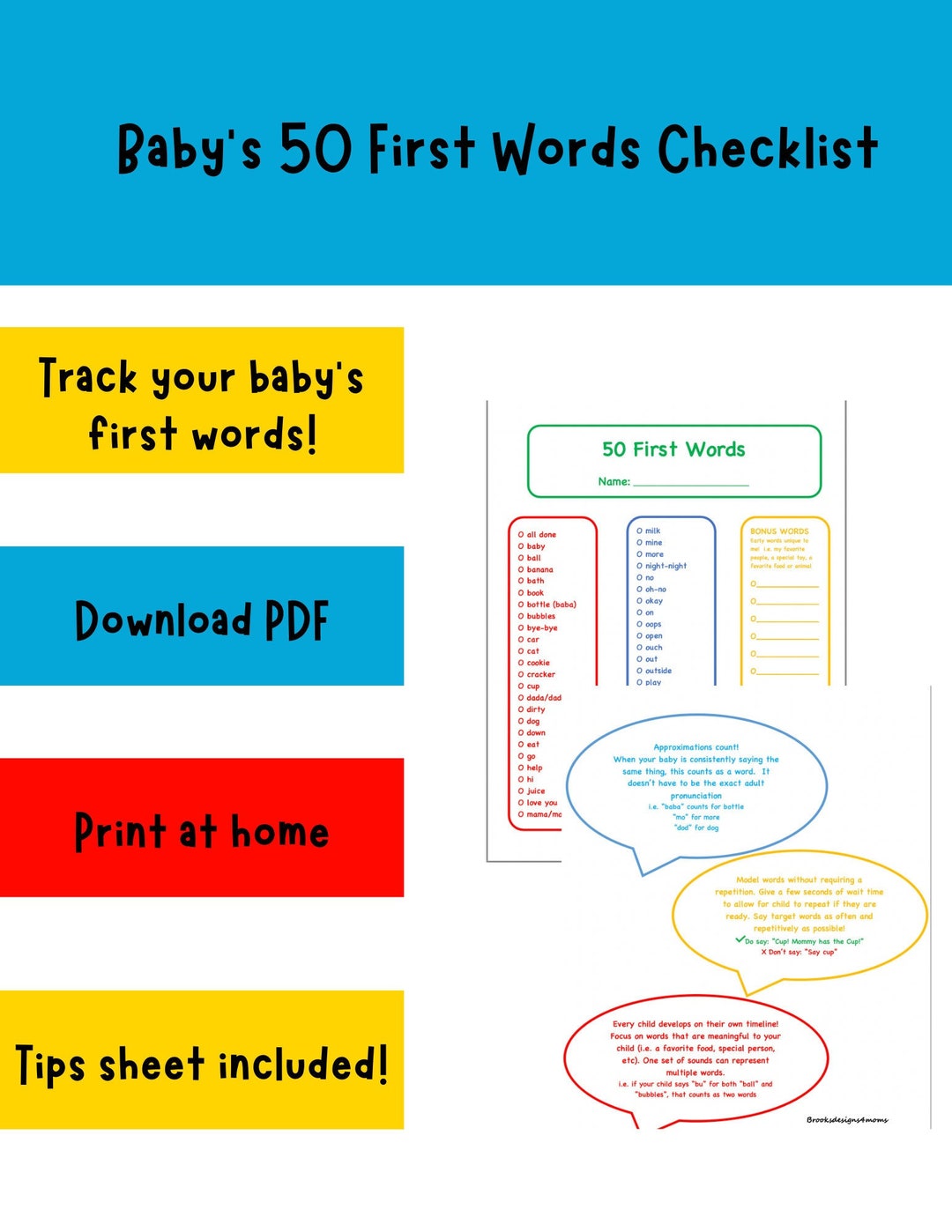 50 First Words Printable Checklist, Baby's First Words, First Words
