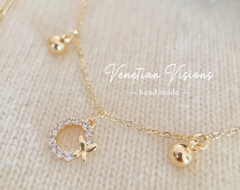 Christmas Necklace with Wreath Pendant, Crystal Christmas Wreath Necklace, Double Chain Necklace