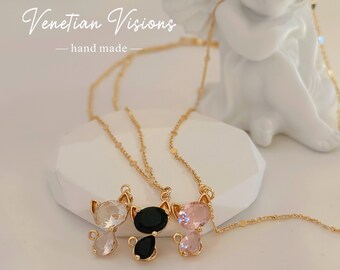 Tiny Cat Pendant Necklace for Women CZ Crystal Cat Necklace for Girls Little Cat Charm Necklace, Minimalist Cat Necklace for Halloween