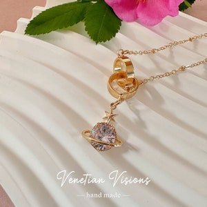 Saturn Planet Gold Necklace | Space Necklace | Tiny Zircon Galaxy Necklace | Astronomy Jewelry Gift