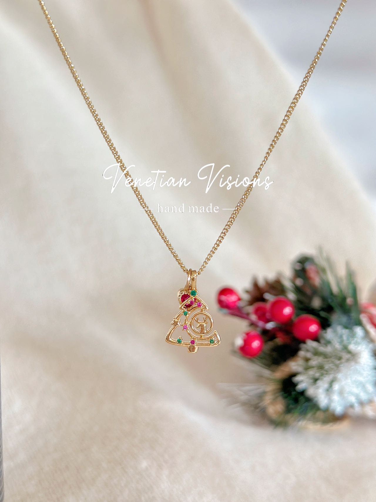 Lucky Charm Christmas Tree with Ruby Heart Pendant Necklace for Christmas Jewelry