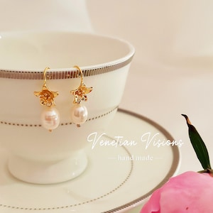 Gold Flower Pearl Drop Earrings, Real Natural Pearl Earrings in Flowers, Freshwater Pearl Earrings for Bridesmaids Gift, Earrings for Mom