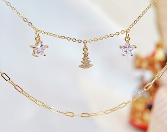 Christmas Tree & Stars of Bethlehem Pendant, Crystal Christmas Wreath Necklace, Double Chain Necklace
