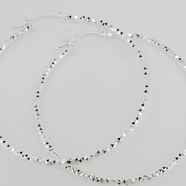 Solid 925 Sterling Silver Fancy Diamond cut Hoop earring,2mm ladies sparkle silver hoop earrings, for her, 3.5cm-5.5cm