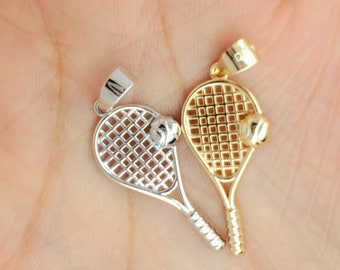 Solid 925 Sterling Silver Tennis Racket Ball pendant, Racket and Ball charm, Gold and silver tennis sports pendant for him or her