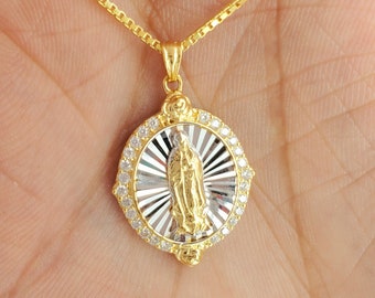 10K Gold over 925 Sterling Silver CZ Virgin Mary pendant, Lady of Guadalupe Two-tone with textured Diamond cuts for men and women