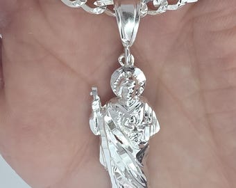 SOLID genuine 925 Sterling Silver Saint Jude Pendant, religious charm,  Silver San Judas for men and women