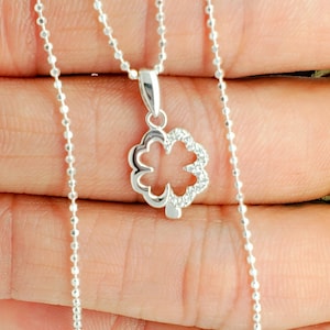 Genuine 925 Sterling Silver Ball CZ Clover Necklace, stone clover charm diamond cut Ball chain, Rhinestone Clover pendant, a perfect gift