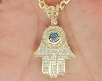 Solid 10K genuine Gold CZ Evil Eye Hamsa pendant for men and women, stamped for authenticity