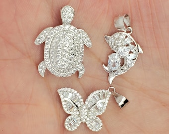 Solid 925 Sterling Silver CZ Turtle, CZ Butterfly, CZ Dolphin Pendant, Stone Animal charm, sparkle pendant for men and women, perfect gift