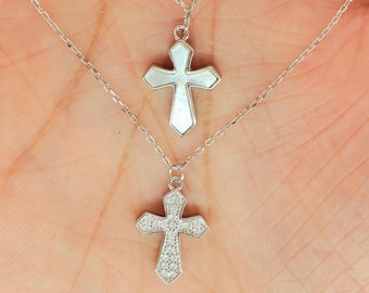 Reversible 925 Sterling Silver CZ, Mother of Pearl Cross Necklace, CZ, Pearl Cross rolo Chain and pendant, religious necklace, perfect gift