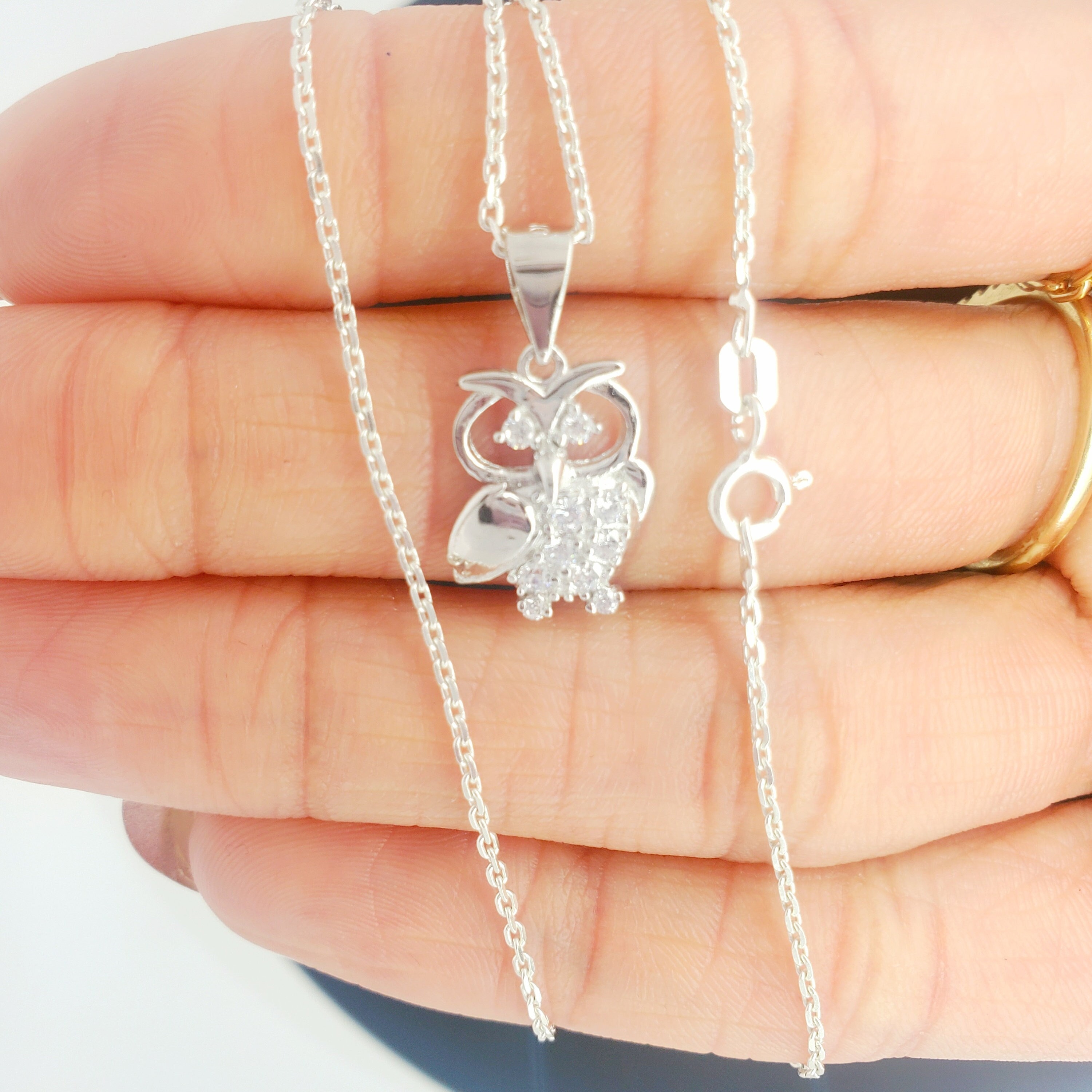 925 Sterling Silver CZ Owl rolo Necklace, stone Owl charm and Rolo chain, Rhinestone Wisdom Owl Char