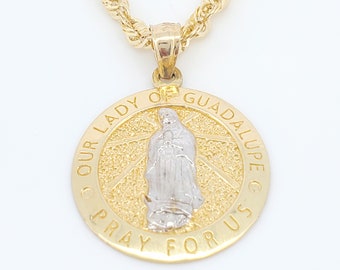 Solid 10k genuine Gold Our Lady of Guadalupe Pendant, Pray for Us charm, Two-Tone Virgin Mary St. Guadalupe medallion, religious charm
