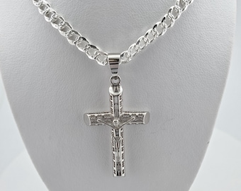 925 Sterling Silver Curb Cuban Link Chain WITH Cross, Crucifix pendant, in all lengths 18&quot;,20&quot;,22&quot;,24&quot;,26&quot;, women&#39;s, men&#39;s Crucifix necklace