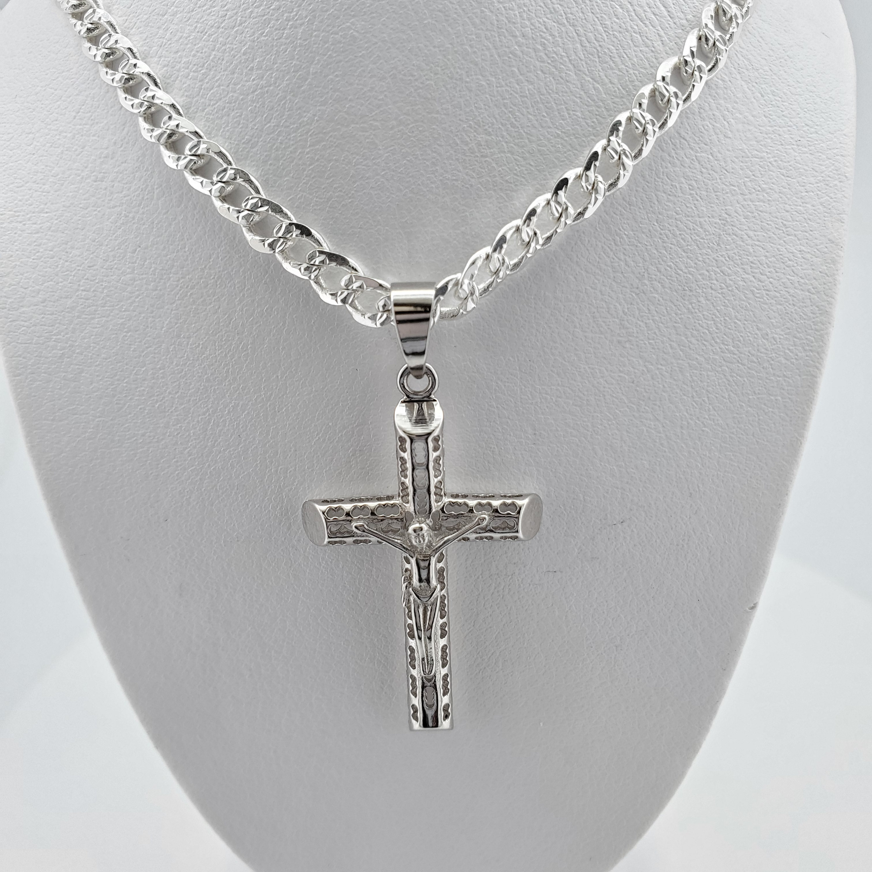 925 Sterling Silver Curb Cuban Link Chain WITH Cross, Crucifix
