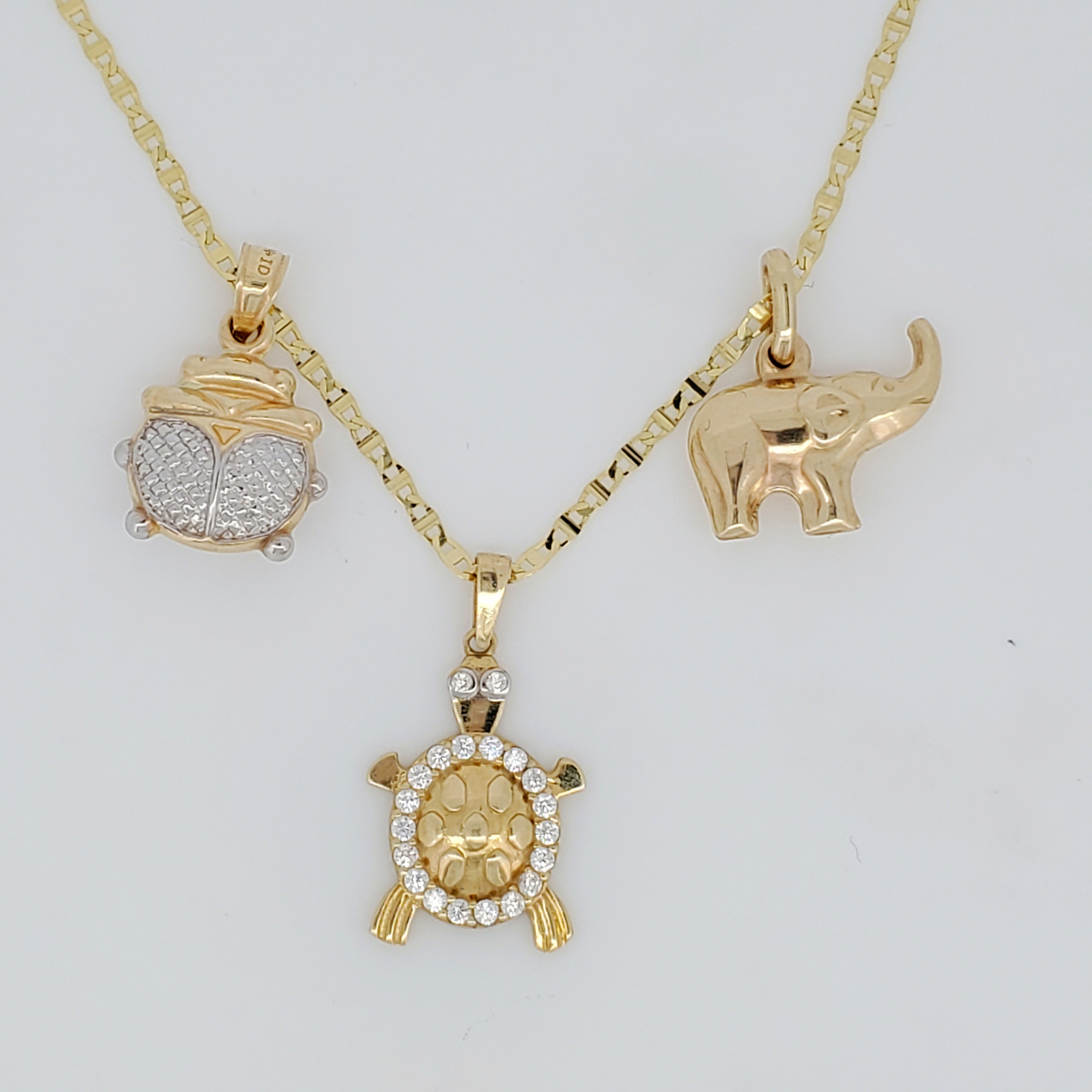 14K 純金製ラッキーチャーム、ペンダント、カメ、ゾウ、てんとう虫