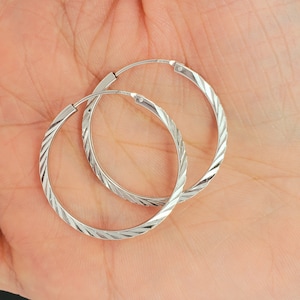 Genuine 925 Sterling Silver Fancy Diamond cut Hoop earring,2mm ladies sparkle silver hoop earrings, white gold polish, a gift for her