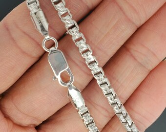 Solid 925 Sterling Silver Italian Round Box Necklace, 4mm with diamond cuts, with durable lobster clasp, Men's Silver chain, stamped