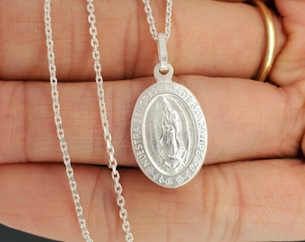 Genuine 925 Sterling Silver Lady of Guadalupe Medallion Pendant, religious Virgin Mary charm, Italian Silver pendant for men and women