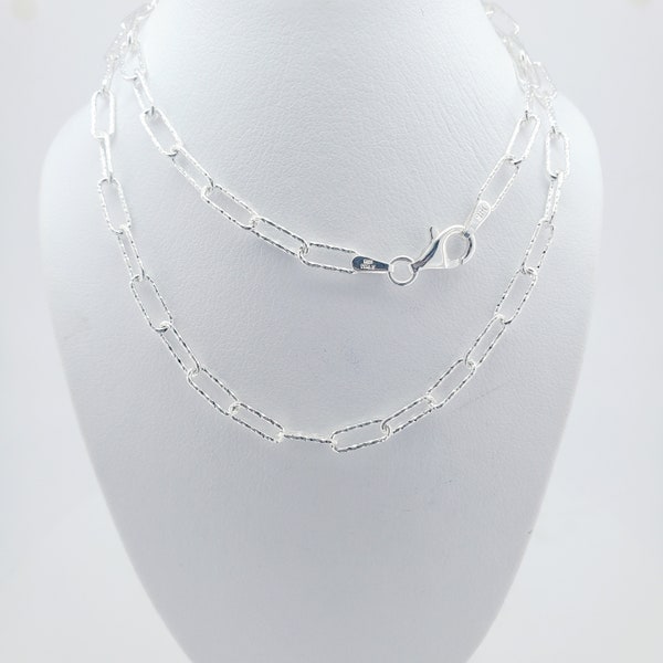 Solid 925 Sterling Silver Diamond Cut PaperClip Necklace, 3mm with durable lobster clasp, Layer Silver chain, women