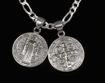 Double sided 925 Sterling Silver Round Saint Benedict Pendant, St Benedict Medallion charm, religious medal pendant for men and women