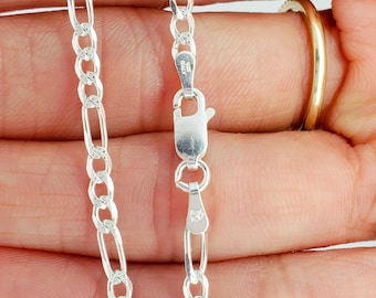 Solid 925 Sterling Silver Italian Diamond Cut Figaro Chain, 3mm Sparkle figaro Necklace For Men and Women in all lengths, 18",20",22",24"