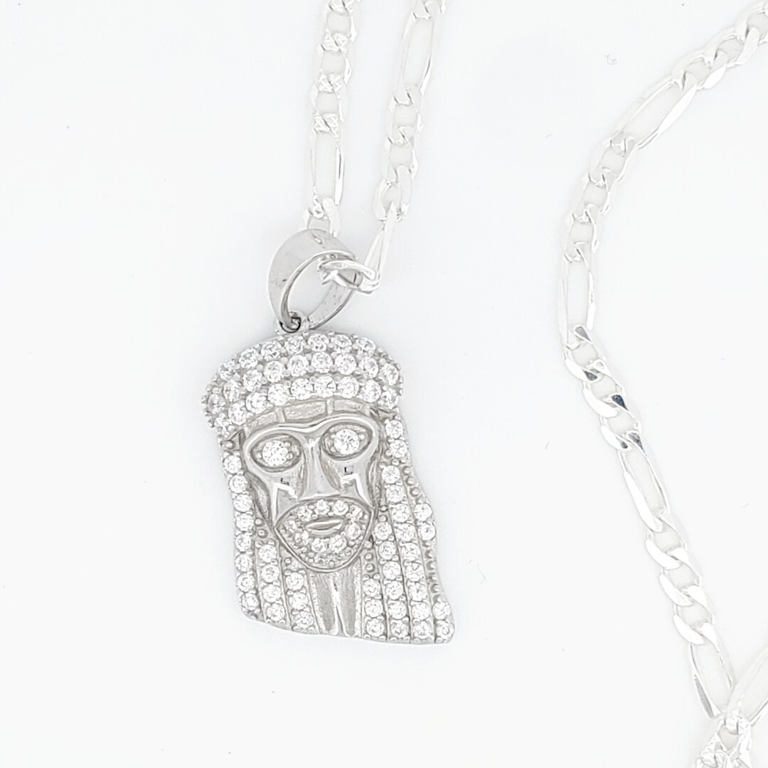 Genuine 925 Sterling Silver CZ Jesus Head Pendant, Full Cubic Zirconia