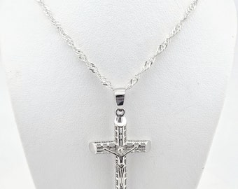 Echte massive 925 Sterling Silber Singapore Twisted Halskette, gedrehte Kette, 2mm mit Kruzifix Kreuz Anhänger, langlebiger Federringverschluss