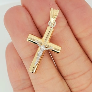 10K Gold over 925 Sterling Silver Cross Pendant with textured Diamond cuts, Two-tone Crucifix for men and women, puffed religious pendant