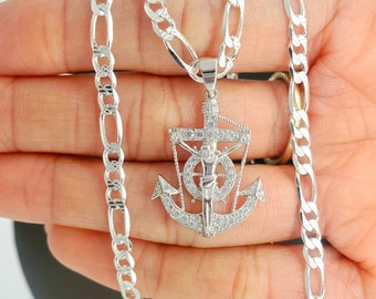 Pingente de crucifixo em forma de âncora em prata de lei 925 maciça com zircônia cúbica, pedra lapidada como diamante, símbolo religioso para homens e mulheres, um presente perfeito.
