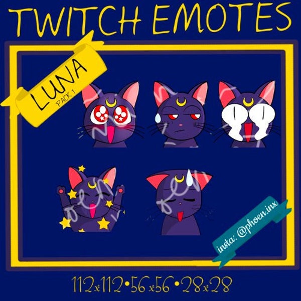 Black cat Luna inspired Emotes Pack 1: 112x112, 56x56, 28x28 - Black cat, moon, twitch, discord, youtube, emoji, kawaii, cute