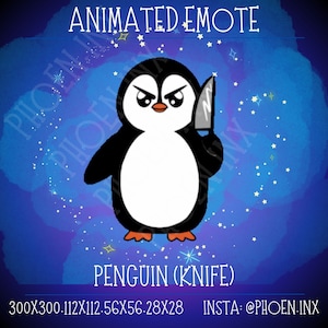 May include: Animated emote of a black and white penguin holding a silver knife. The penguin has an angry expression. The background is a blue gradient with white stars. The text "PENGUIN (KNIFE)" is below the penguin. The text "300X300.112X112.56X56.28X28 INSTA:@PHOEN.INX" is at the bottom of the image.