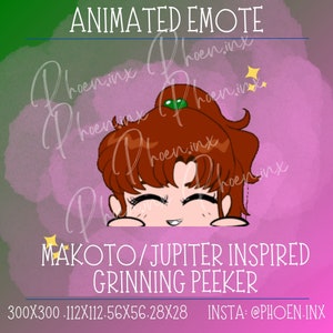 May include: Animated emote of a cartoon character with brown hair, green eyes, and a big smile. The character is peeking from behind a pink surface. The text "MAKOTO/JUPITER INSPIRED GRINNING PEEKER" is below the character. The text "300X300.112×112.56X56.28X28 INSTA:@PHOEN.INX" is below the text.