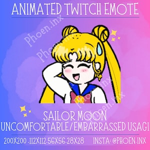 Puede incluir: Emoticono animado de Twitch con un personaje de dibujos animados de Sailor Moon con un rubor rosado, un uniforme de marinero azul claro y cabello amarillo en coletas. El personaje sonríe y mira hacia un lado, con una sola gota de sudor en la frente. El texto "SAILOR MOON UNCOMFORTABLE/EMBARRASSED USAGI" está debajo del personaje. El texto "200X200.112X112.56X56.28X28 INSTA: @PHOEN.INX" está debajo del texto.