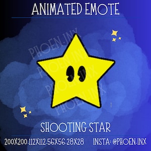 Puede incluir: Emoticón animado de una estrella fugaz amarilla con ojos negros y contorno negro. El texto "SHOOTING STAR" está debajo de la estrella, con las dimensiones y un identificador de Instagram. El fondo es un degradado azul.