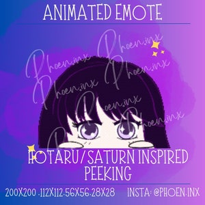 Op de afbeelding: Geanimeerde emote met een gepixelde illustratie van een personage met donker haar en paarse ogen, die van onderaf naar buiten gluurt. De tekst luidt "HOTARU/SATURN INSPIRED PEEKING" en "ANIMATED EMOTE". De achtergrond is een verloop van paars en blauw.