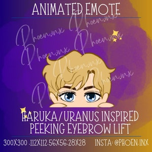 Puede incluir: Emoticón animado que presenta un personaje de dibujos animados con cabello rubio y ojos azules, asomándose por encima de una superficie. El texto dice "HARUKA/URANUS INSPIRED PEEKING EYEBROW LIFT". El fondo es un degradado de morado y dorado.