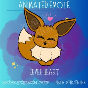 以下が含まれることがあります： 頭の上にハートが付いた、漫画のイーブイのキャラクターのアニメーション絵文字。 イーブイは茶色、タン、白で、幸せそうな表情をしています。 上部のテキストは「ANIMATED EMOTE」、下部のテキストは「EEVEE HEART」です。