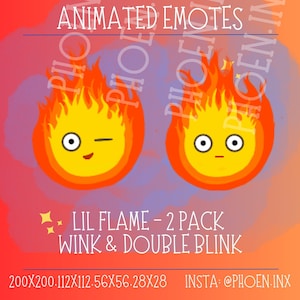 Puede incluir: Dos emojis de fuego animados con diferentes expresiones. El primer emoji guiña un ojo con una sonrisa, mientras que el segundo emoji tiene una expresión de sorpresa con los ojos muy abiertos. El texto "LIL FLAME - 2 PACK WINK & DOUBLE BLINK" está debajo de los emojis. El texto "200X200.112X112.56X56.28X28 INSTA: @PHOEN.INX" está en la parte inferior de la imagen.