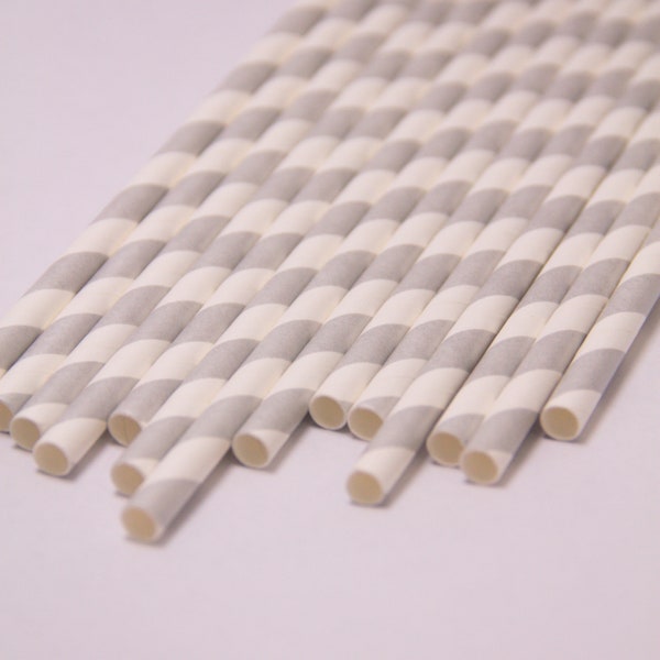 25 Silver and White Striped Paper Straws