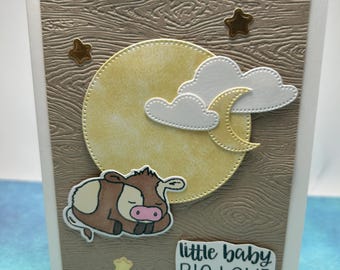 Handgjort babyshowerkort: Sovande ko, måne och stjärnor
