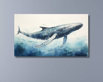 Humpback Whale watercolor livingroom wall art, premium canvas humpback whale art for bedroom decor, modern home wall art, office wall art