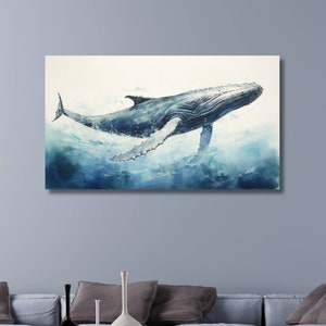 Humpback Whale watercolor livingroom wall art, premium canvas humpback whale art for bedroom decor, modern home wall art, office wall art